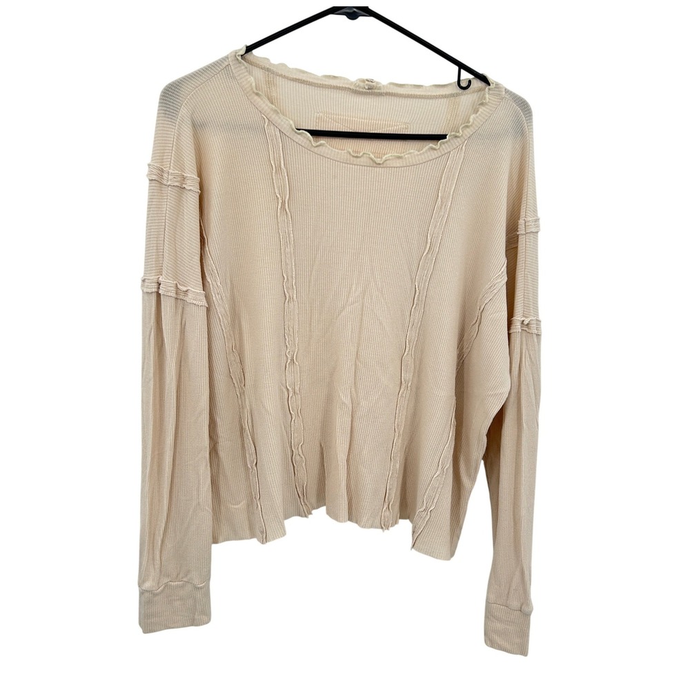 Fairy Grunge Waffle Knit Thermal Top L Cream Exposed Seam Slouchy Boho Indie